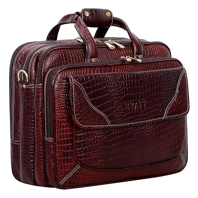 Image of Full-Grain Natural Genuine Pure Orginal Leather Office Briefcase Laptop Messenger Shoulder Bags For Mens Man Office Use 15.6 Inch cabin szie travelling Size-L-16'' X H-12'' X W- 6''