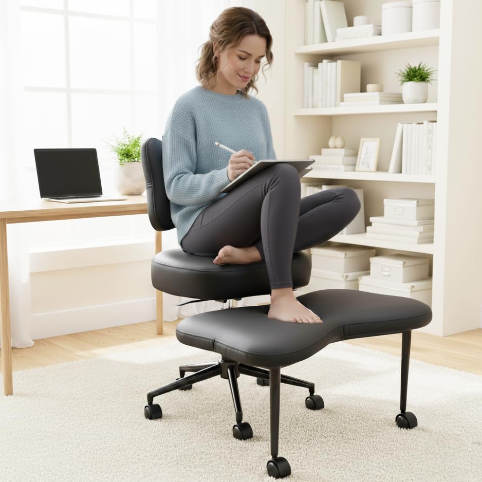 Upgraded Meditation Chair Cross Legged ADHD Office Chair for Adults with Wheels Ergonomic Back Support and Leg Rest for Multi Position Criss Cross Sitting Kneeling Fidgeting and Yoga Height Adjustable Extra Thick Cushion