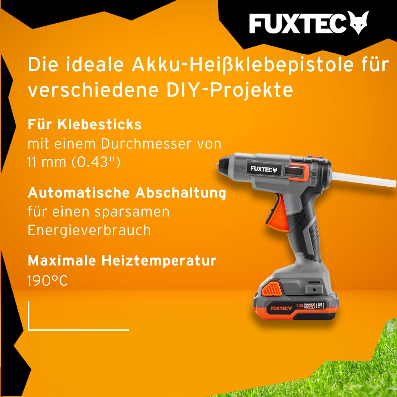 FUXTEC 20V Akku HeißklebepistoleC FX-E1GG20-SET inkl. Akku und Ladegerät, Klebepistole für 11mm Klebesticks, automatische Abschaltung, starke Klebeleistung für Holz/Textilien/Keramik/Leder uvm.