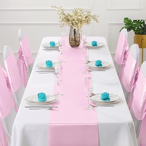 Miniatura 2 de Horbaunal Paquete de 12 caminos de mesa de satén rosa claro de 12 x 108 pulgadas, caminos de mesa lisos para banquetes de boda, fiesta de cumpleaños