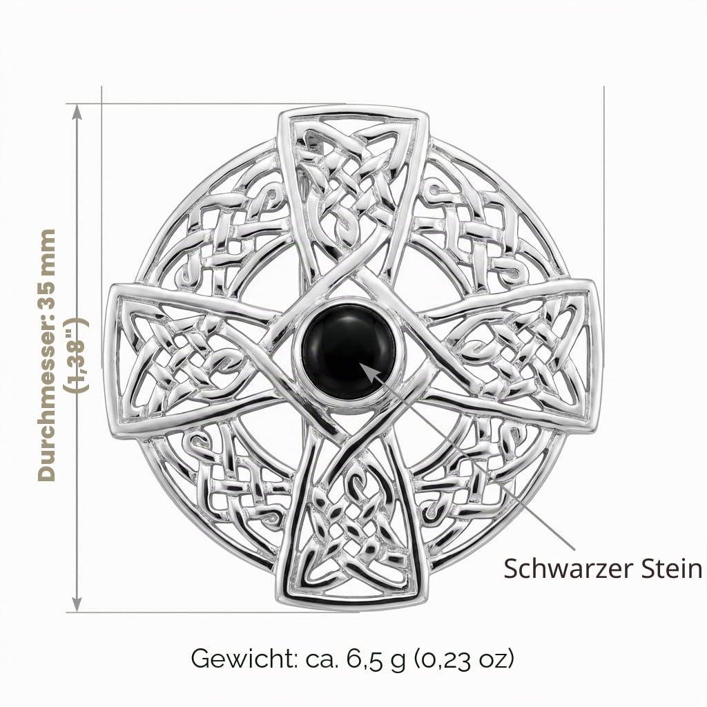 Alexander Castle 925 Sterling Silber Keltisches Kreuz Brosche für Frauen - Damen Brosche Pin mit schwarzem Cubic Zirkonia & Schmuck Geschenk Box - 35mm x 35mm