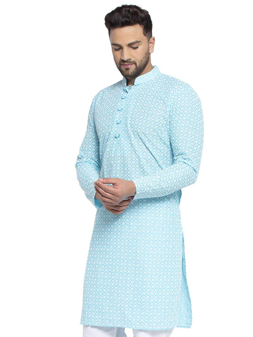 Jompers Men's Embroidered Pure Cotton Kurta. (Sky,Xl)