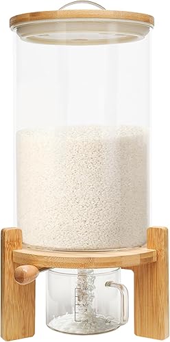 Dispensador de arroz de vidrio de 7.5 L dispensador de almacenamiento de contenedores de cereales con válvula y soporte de madera (7.5L)