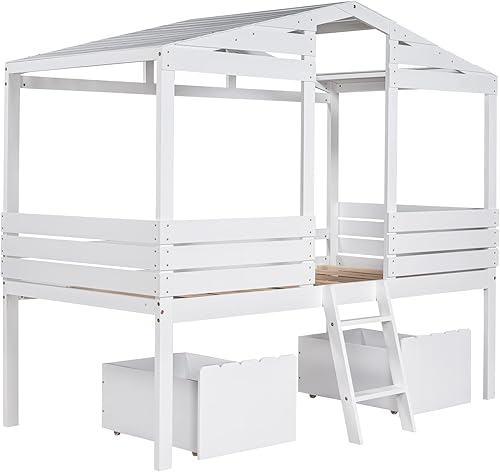 Miniatura 5 de Aiuyesuo Playhouse Design - Cama baja de tamaño individual para niños y niñas marco de cama de madera con valla de seguridad y 2 cajones de