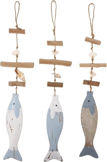 Veemoon 3pcs Wooden Fish Decor Hanging Wood Fish Pendant Nautical Decor Fishbone Rustic Nautical Fish Decor Beach Theme Home Decoration Fish Sculpture for Wall