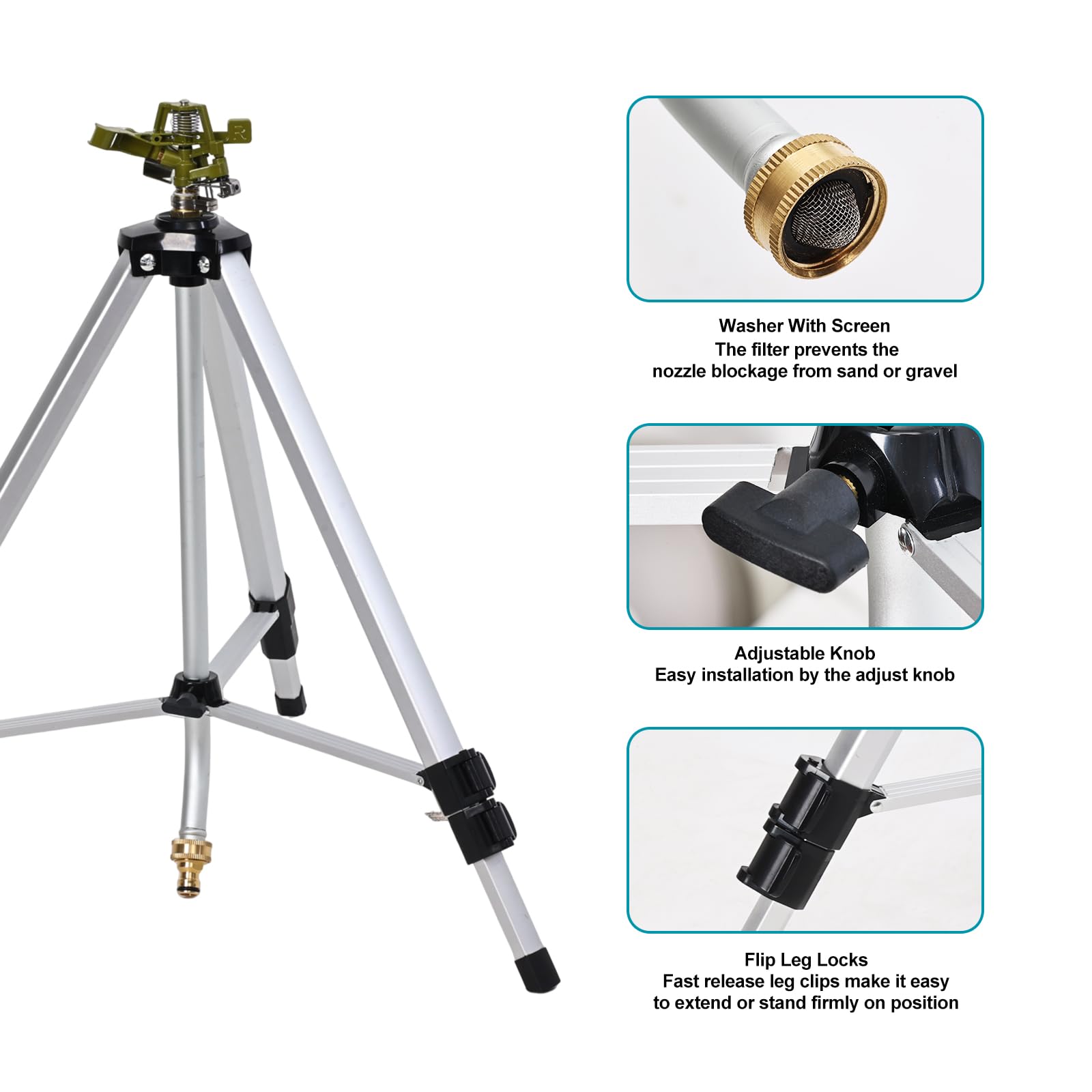 Aspersor de impacto resistente en base de trípode, trípode telescópico, riega hasta 90 pies de diámetro, patas de 50 pulgadas