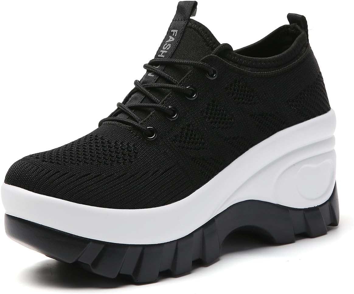 Tênis de corrida feminino, plataforma grossa, confortável, ortopédico, plataforma, plataforma, ortopédico, moderno, tricotado respirável, com cadarço, sola articulada, casual,…