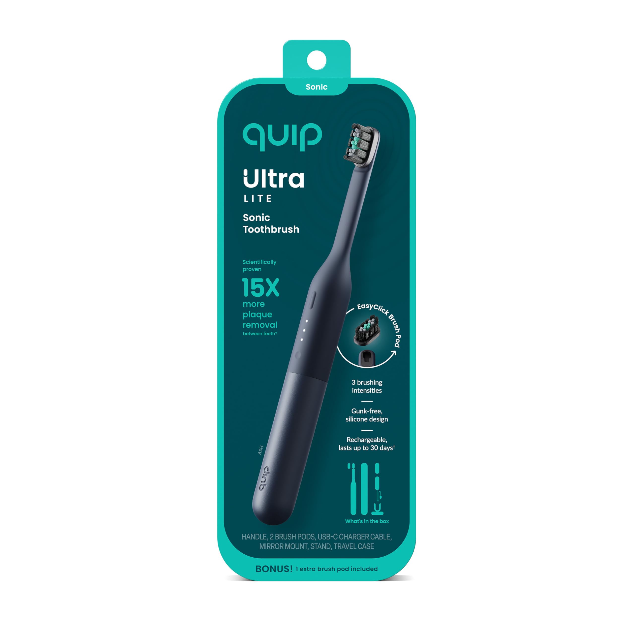 Quip Ultra Lite - Cepillo de dientes eléctrico temporizado con funda, cabezal de cepillo reemplazable, cerdas suaves, mango de silicona y plástico, duración de la batería de 30 días, cepillo de
