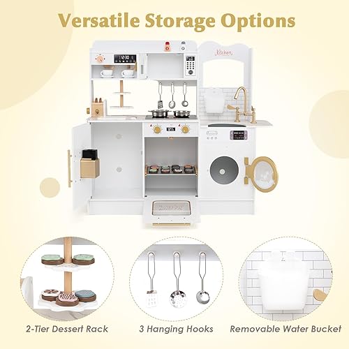 Miniatura 6 de HONEY JOY Juego de cocina, juego de cocina de juguete de madera con cafetera, tostadora de 2 rebanadas, microondas, horno, soporte para pasteles,