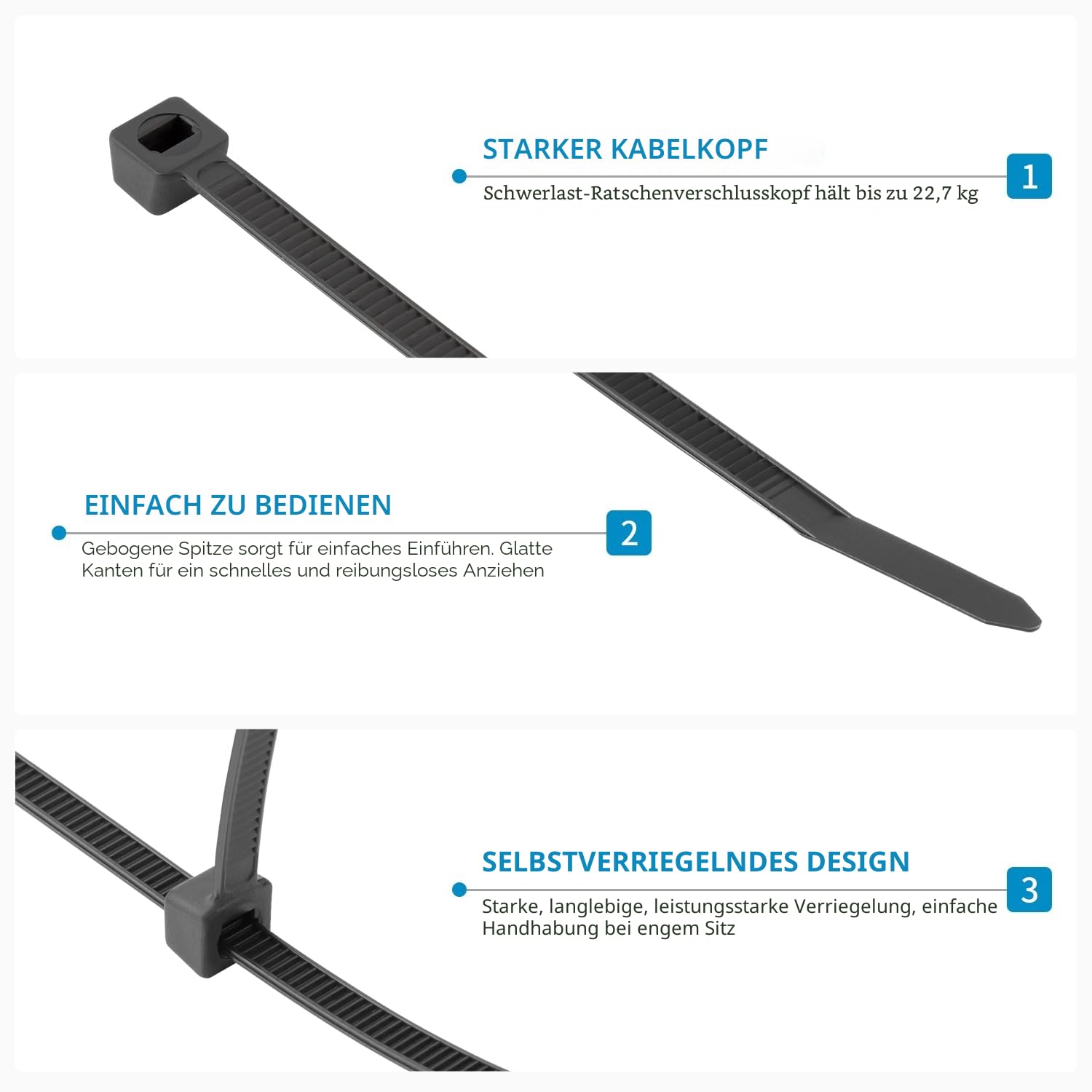 XINGO 1500 Stück Kabelbinder Schwarz Set, 100/150/200/300 mm(je 300 Stück), UV Beständig Nylon Verschiedene Größen Super Haltbar Selbsthemmend Kabelbinder für Zuhause, Büro, Garten und Werkstatt