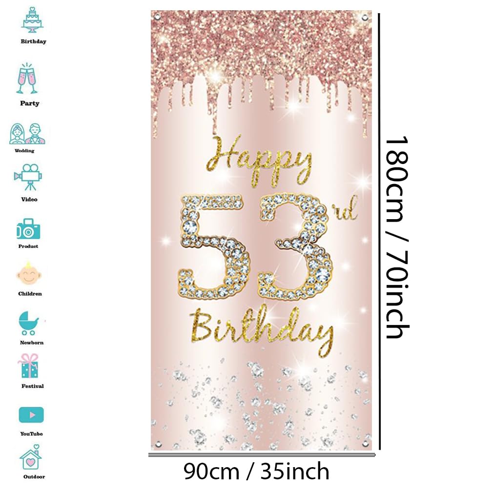 53. urodziny dekoracja damska, Happy 53rd Birthday Door Banner różowe złoto, 53. urodziny tkanina tabliczka plakat dekoracja drzwi, 53. urodziny tło baner damski, przyjęcie urodzinowe tabliczka