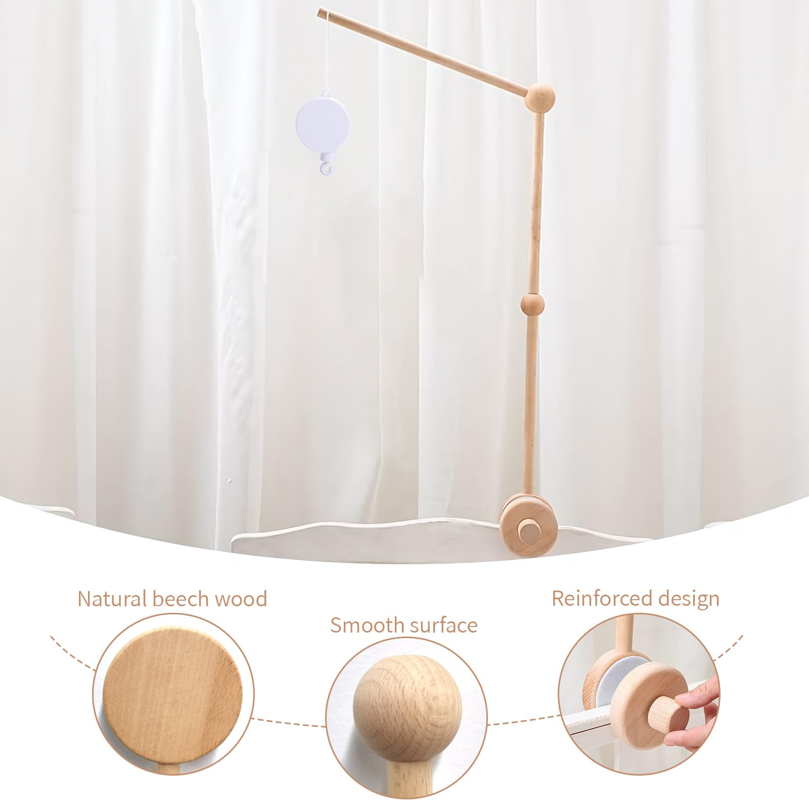 WIOSOUL Baby Crib Mobile Arm Wooden Holder with Rotating Music Box Nursery Decor Attachment Safe Anti Slip Set for Baby Girls Boys Nursery Decor
