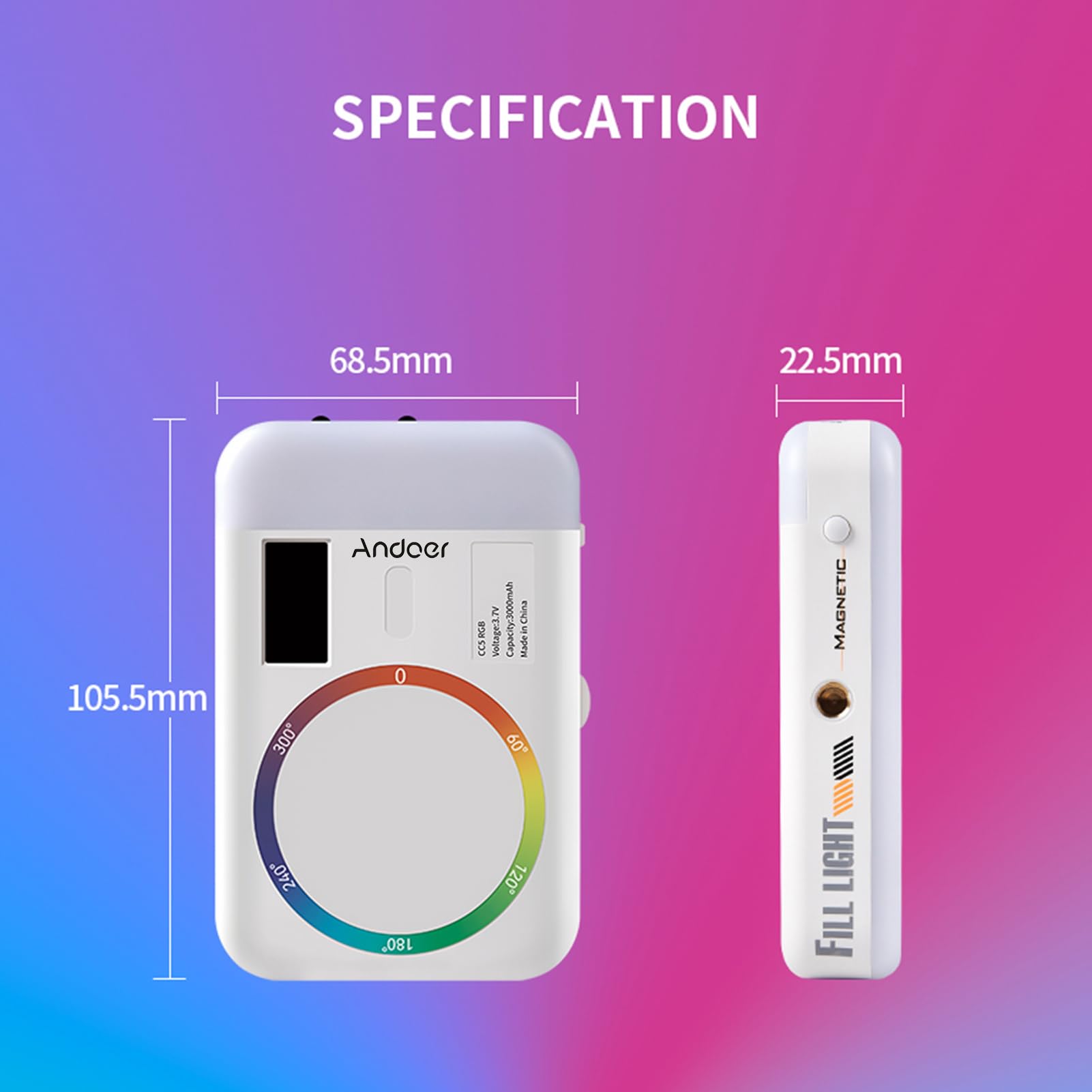 Andoer CC5 lampa wideo RGB, lampa wideo LED 2500 K – 9000 K, dwustronne światło fotograficzne, ściemniane światło do telefonów z aparatem, 26 efektów scenerii, wbudowany akumulator z adapterem zimnego