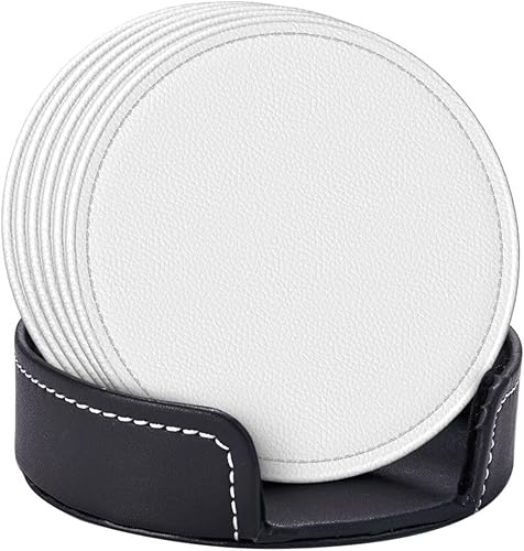 Miniatura 6 de Drink Coasters Set of 6, Solid Color White Printed PU Leather Round Coaster with Holder for Outdoor, Office, Bar, Funny Heat-Resistant Home Desk