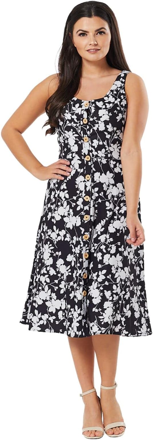 Sheen ClothingSummer Midi Monochrome Dress, Women Sleeveless Round Button-up,Emerson Dress with Pockets