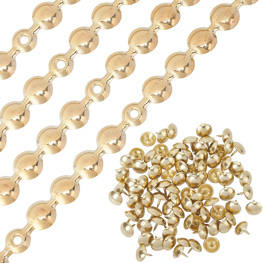 GORGECRAFT 5pz*1m Tiras de Tachuelas para Tapicería 10.5mm Cabeza Redonda de Hierro Metálico Adornos Decorativos Brillantes con 90 Piezas de Clavos para Tapicería Tachuelas Sueltas Combinadas Dorado