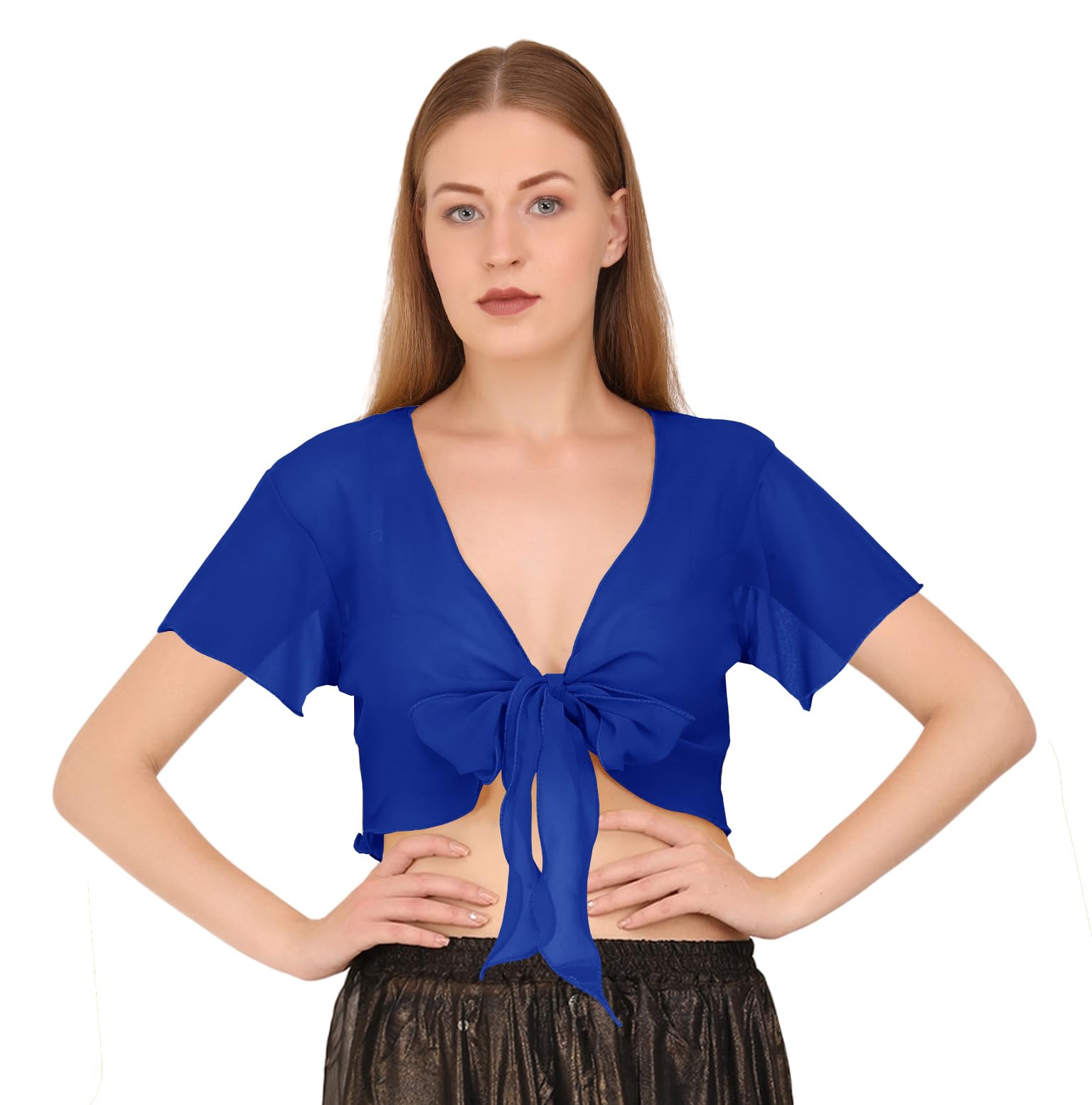 Indian Trendy Women's Chiffon Short Sleeve Tie Top Choli Blouse Belly Dance Gypsy Tie Front Cardigan Tops