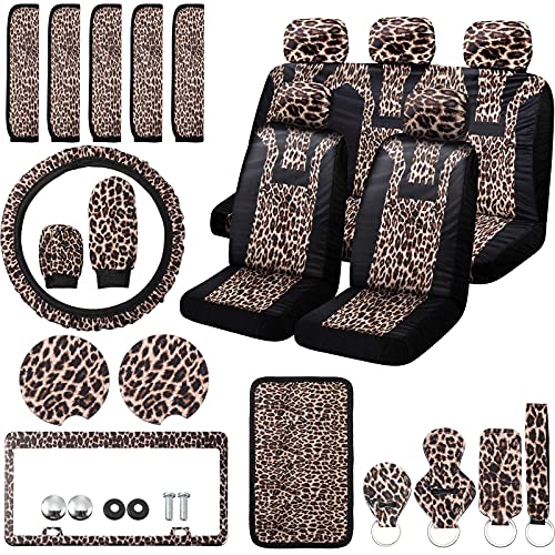 25 Pieces Leopard Print Car Seat Cover Full Set, Leopard Car Accessories Steering Wheel Cover Metal License Plate Cover Headrest Seat Belt Cover Coaster Armrest Pad Handbrake Shift Gear Cover Keyring 25 Pieces Leopard Print Car Seat Cover Full Set, Leopard Car Accessories Steering Wheel Cover Metal License Plate Cover Headrest Seat Belt Cover Coaster Armrest Pad Handbrake Shift Gear Cover Keyring