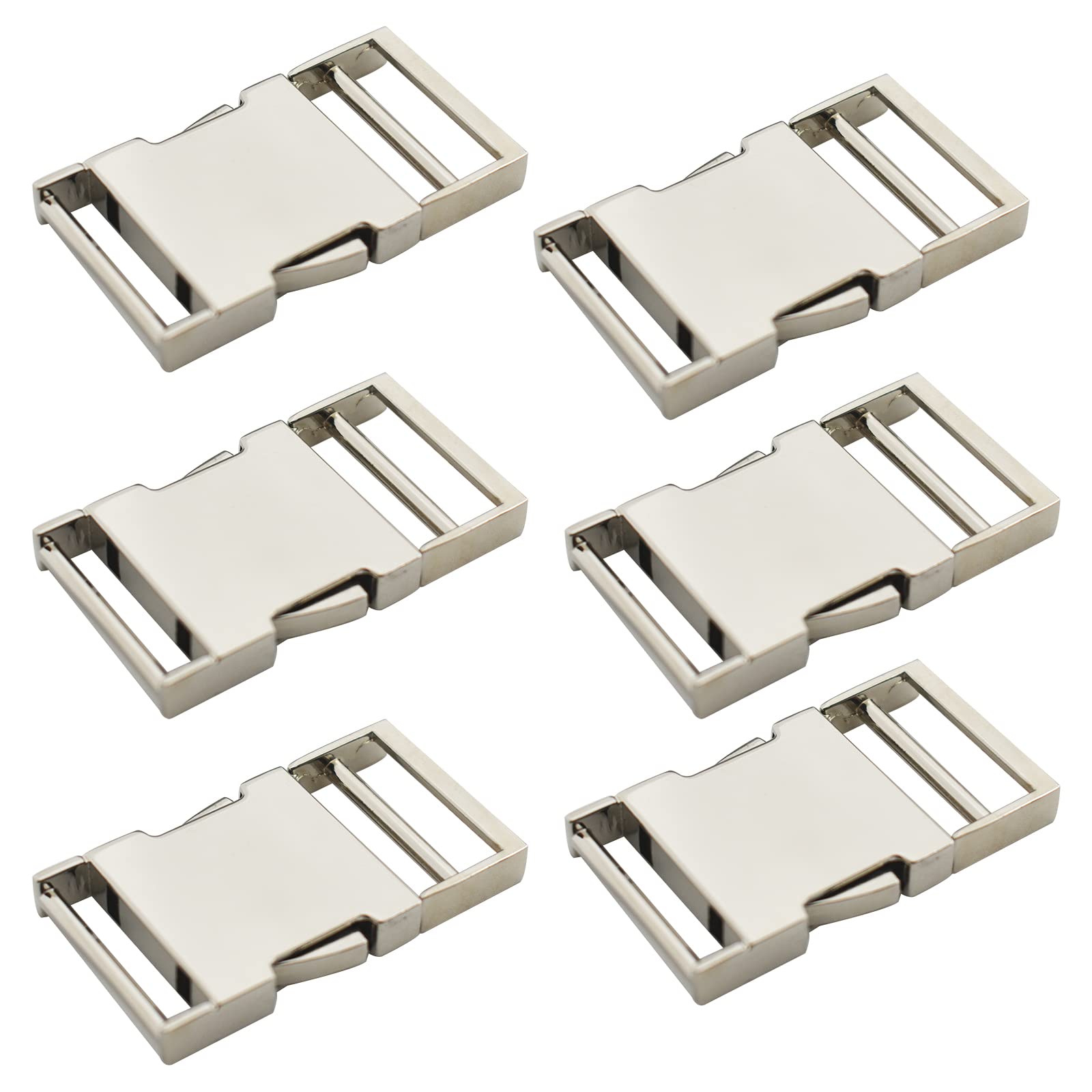 Bytiyar 6 pcs 1 inch Metal Buckles Side Quick Release Single Adjustable Buckle for Straps Paracord Backpack Webbing Belt Dog Collars,Silver