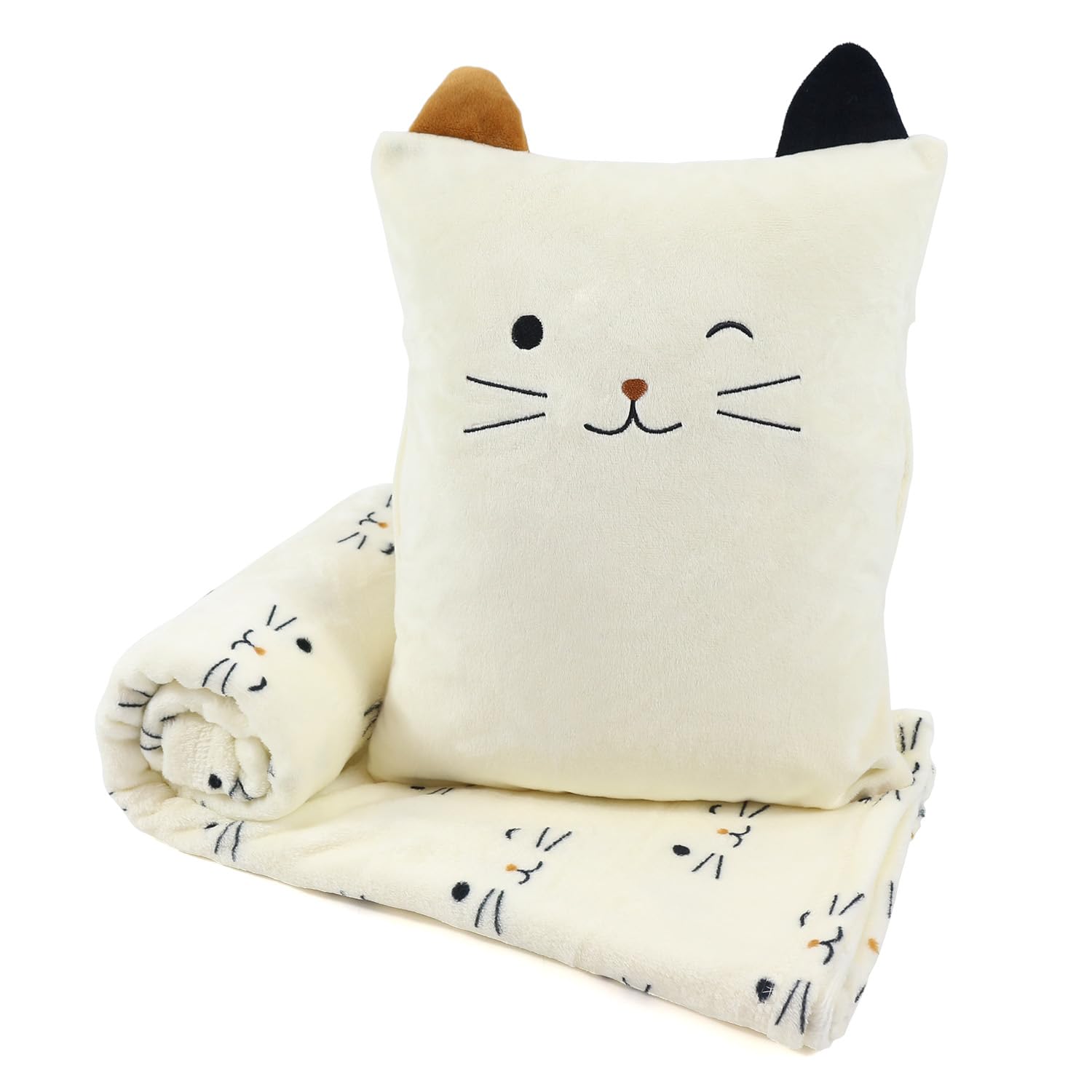 VigorSpring 3-in-1 Cat Travel Blanket and Pillow Set for Kids, Soft Snuggle Pillow with Hand Warmer, 40x60 Inch Cute Cat Blanket, Compact for Travel, Camping, Home and Office-image-35