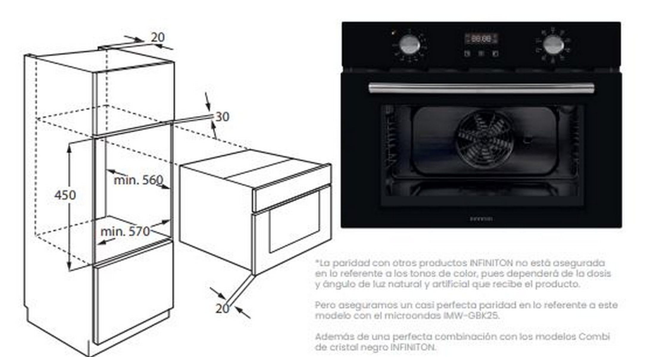 INFINITON Horno Multifunción 40BEN1, 45 Litros, Ancho 60 cm, Control electrónico, Guía telescópica y rejilla lateral extraible, A, Acabado CRYSTAL BLACK