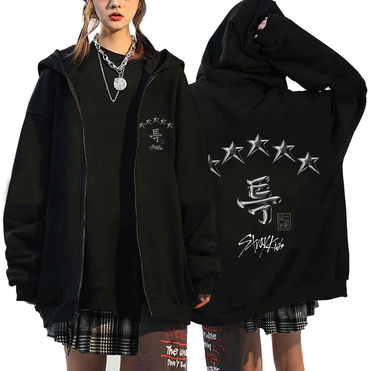 FlyselfMens Womens Y2k Zip Up Hoodie Kpop Stray Kids 5 Star Long Sleeve Pullover Top Hooded Sweatshirt E-Girl 90s Streetwear Jacket Jumper
