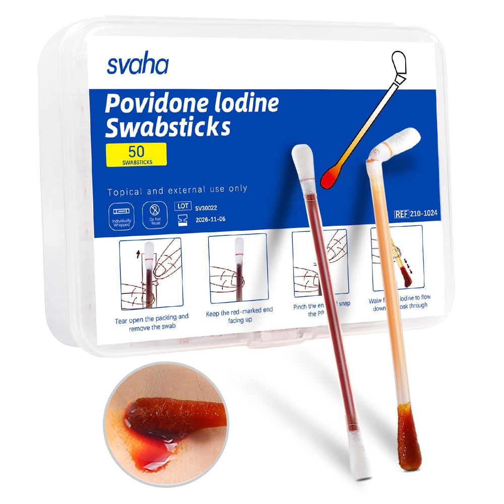 Svaha 50 Sticks Iodophor Swabs with Povidone Iodine - Solution Outdoor First Aid Swabsticks for Skin Cleansing and Preparation