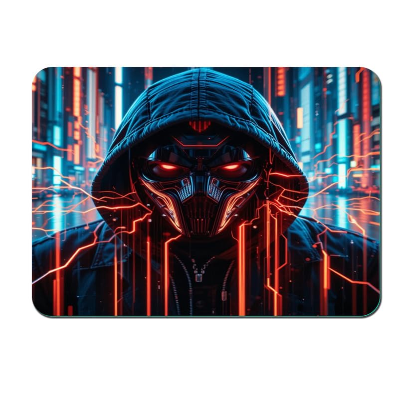 Image of Shivor Gaming Mouse Mat | Cyberpunk Masked Character Printed Design With Neon City Background | Smooth Texture Control Surface | Non Slip Rubber Base Stability | Compatible With Laser And Optical Mice