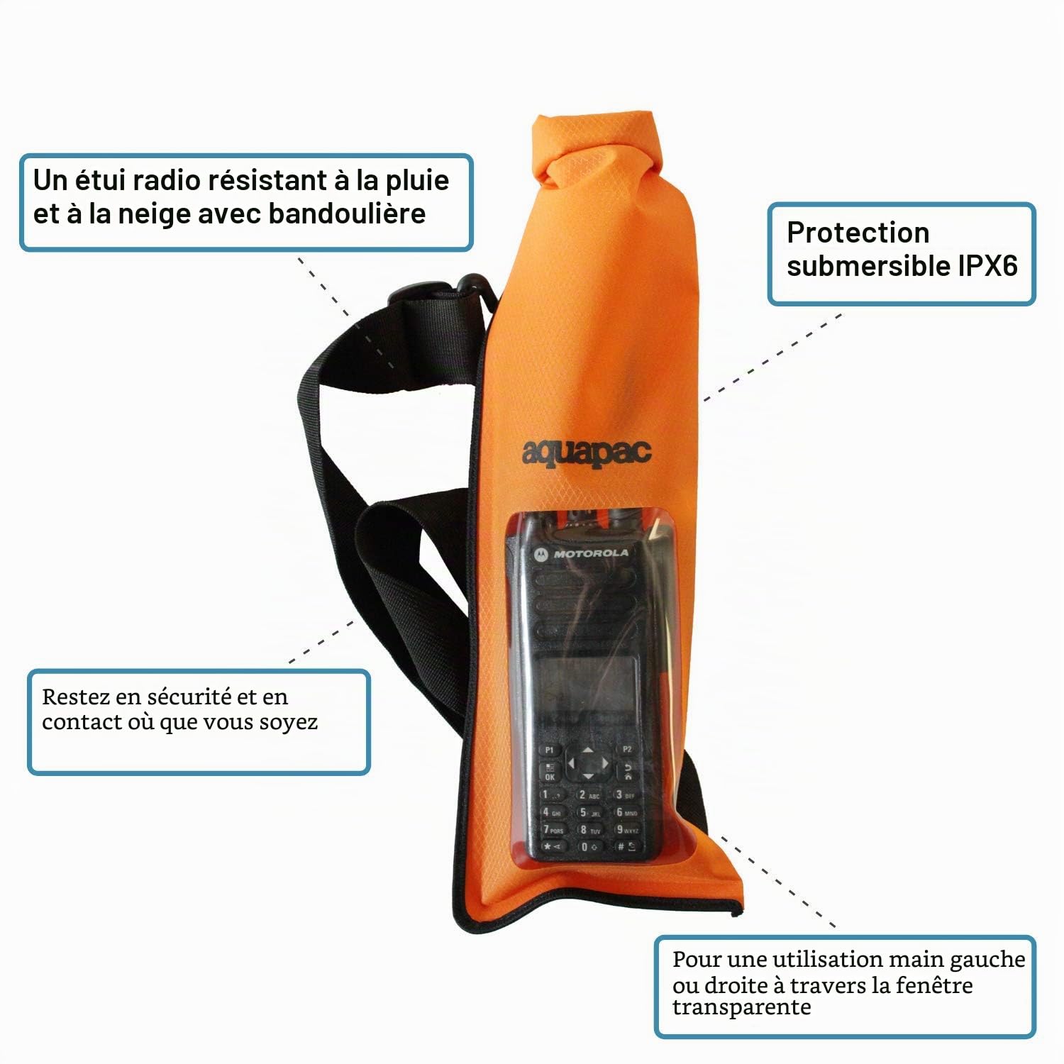 Étui étanche Aquapac Stormproof pour Radio VHF | Étui Portable étanche IPX6 avec bandoulière pour Talkie-walkie - Orange