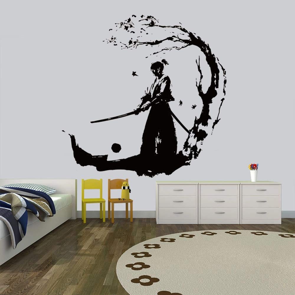 Hanzhao Boys Vinyl Ninja Wall Stickers Under The Tree Samurai Sword Wall Stickers Warrior Wall Stickers For Kids Room Decoration Decals Large Wall Stickers 57X57cm