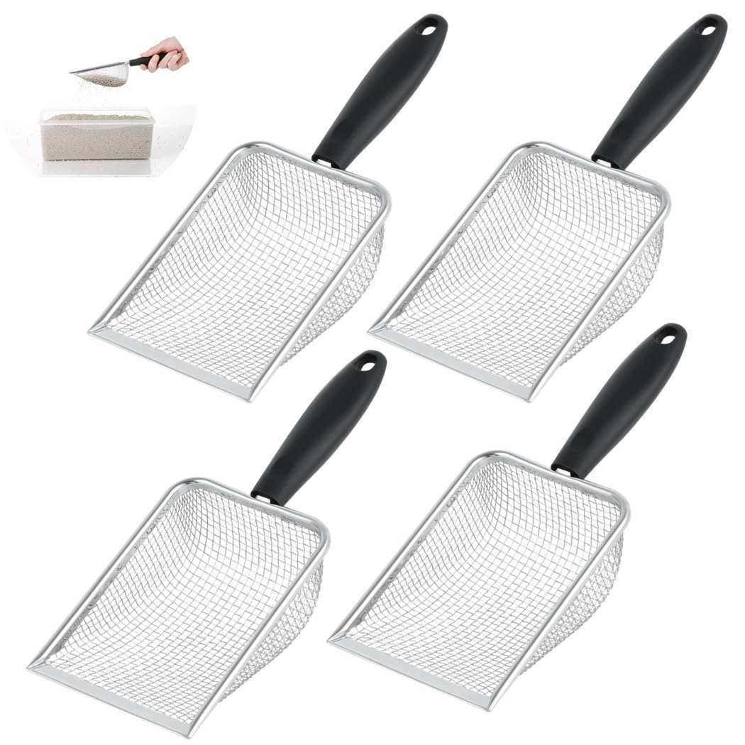 Paquete de 4 tamices de arena de acero inoxidable, palas de sustrato de reptiles de malla fina, pala de arena de metal para cajas de arena y ropa de cama, palas de arena para gatos, crustáceos y peces