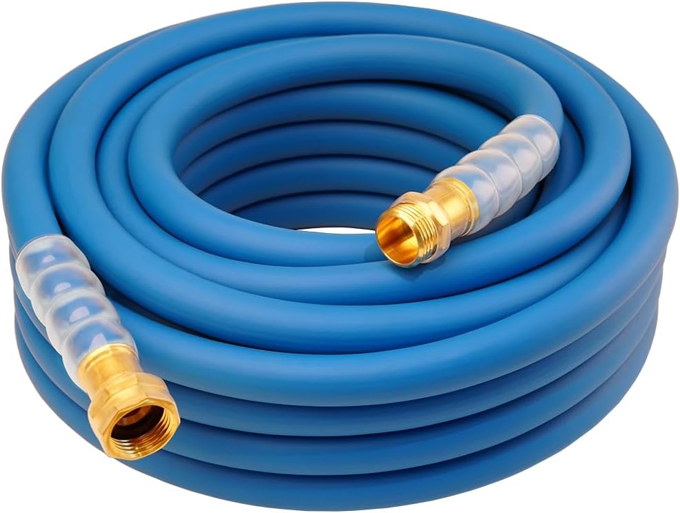 Heavy Duty Premium Garden Hose 50ft x 5/8", 300PSI Working, 1000PSI Burst, Hybrid Rubber Water Hose with Transparent Swivel Handle - Hot/Cold Water - Five Layered Braiding with Brass fittings (Blue)