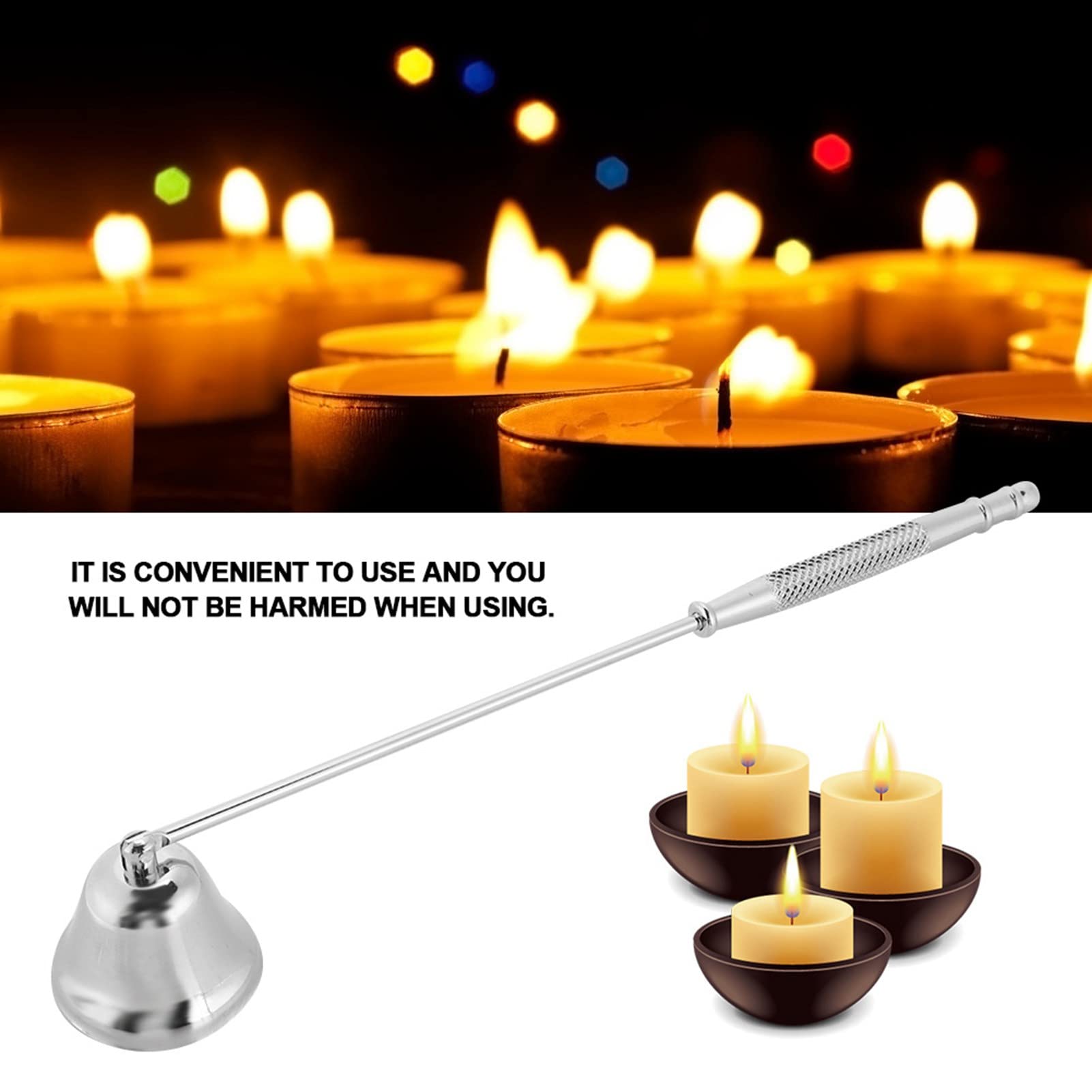 QANYEGN 1Pcs Stainless Steel Bell Candle Snuffer, Candle Wick Trimmer Extinguisher Lid, Wick Extinguisher, Hand Tool for Safely Extinguishing Candles(Sier)