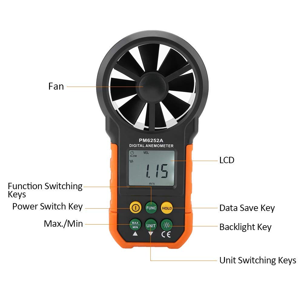 Anémomètre Portable Vent PM6252A - Peakmeter PM Anémomètre Numérique - Testeur de Volume d’Air