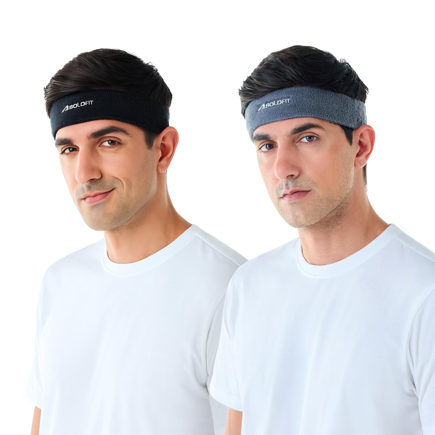 Gym Sweat Headband Combo for Men and Women Cotton Sports Headband for Workout & Running, Breathable, Non-Slip Sweat Head Bands for Long Hair Pack of 2 Combo Black & Grey