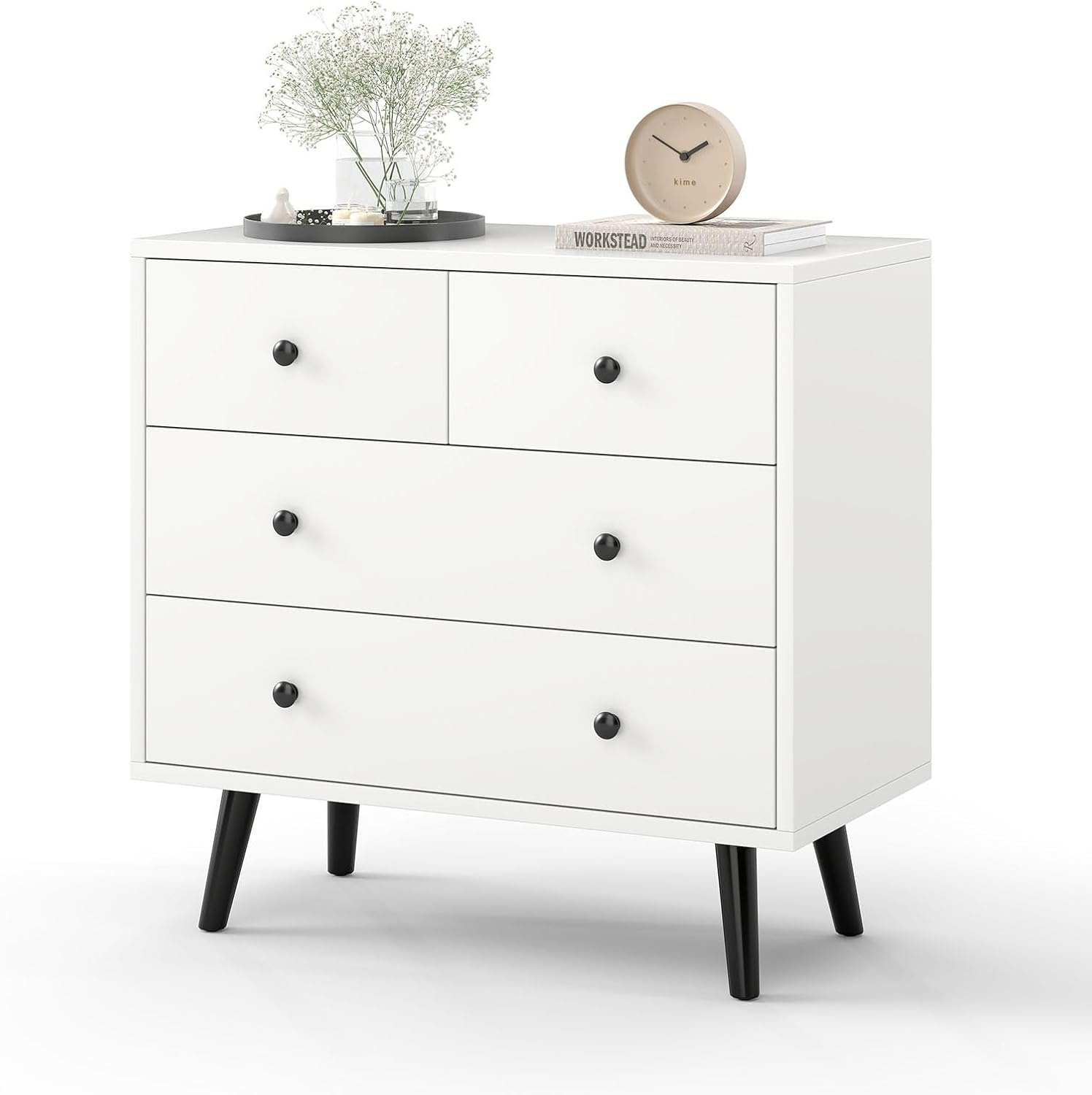 LOKO 4-Drawer Storage Cabinet, Modern Chest Cabinet with Anti-Tipping Device, Convenient Handles, End Table, Wooden Floor Cabinet, for Living Room, Hallway, Entryway (White)