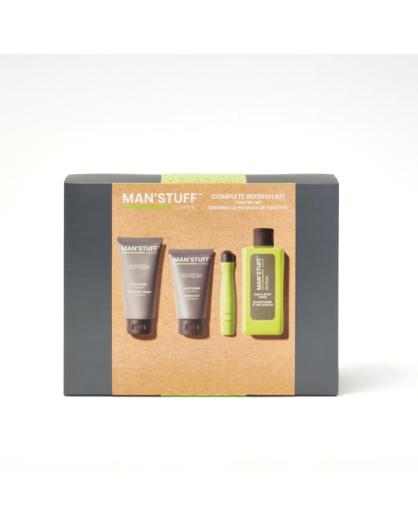 ManStuff Complete Refresh Kit Toiletry Gift Set, Vegan & Cruelty-Free Mens Grooming Kit, Face Wash, Moisturiser, Eye Roller