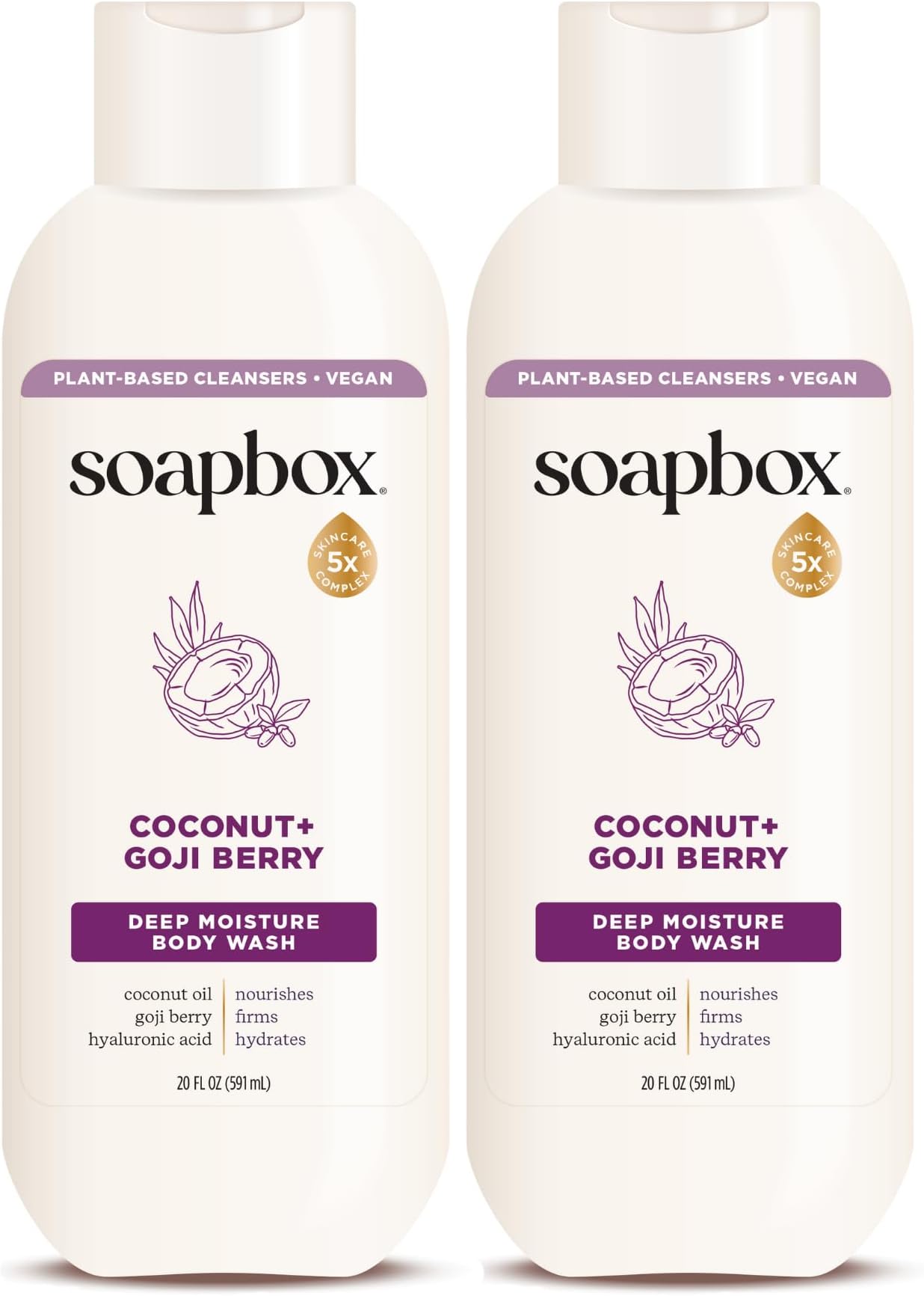 Soapbox Body Wash, Coconut & Goji Berry Liquid Body Wash, Moisturizing Soap with Shea Butter, Vegan Duo Pack of 2 Soap Bottles, 20oz Each