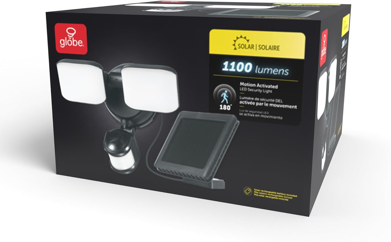 Globe Electric 17000211 19W LED Integrated Solar Powered Motion Activated Flood Light, 180-Degree Motion Detection, Black Finish, 1100 Lumens, Solar Panel with 10ft Cord, Outdoor Lights