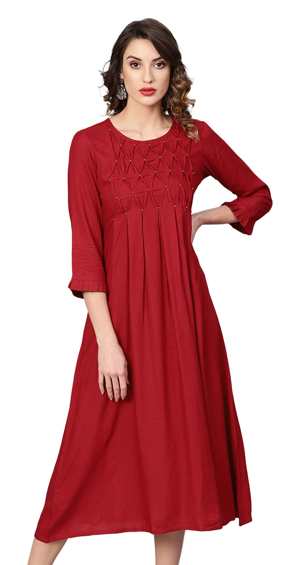 Yash GalleryWomen's Dotted Rayon Dobby Solid A-Line Dress (Maroon) (XXL, Maroon)