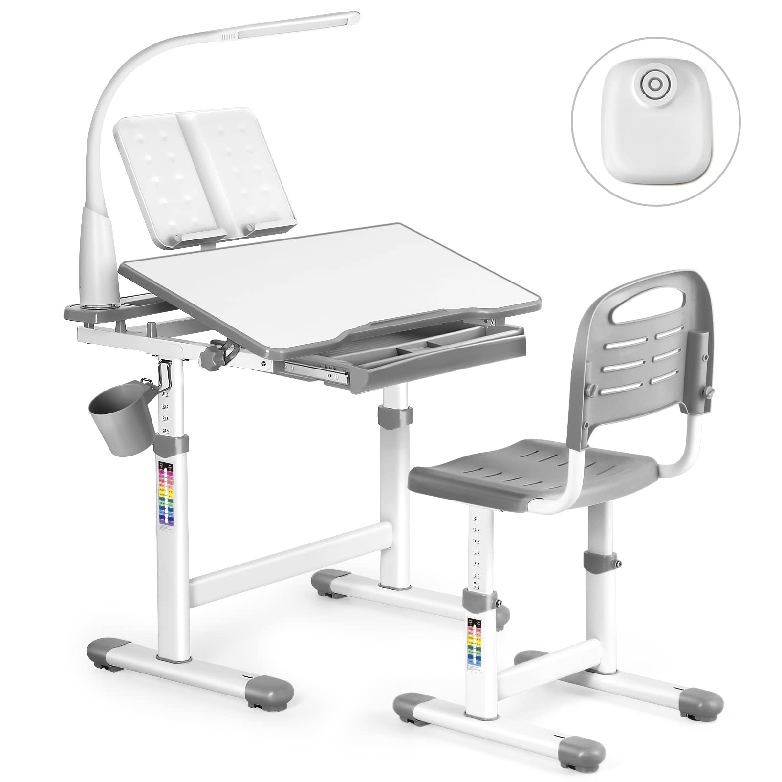 JOYLDIAS Escritorios Infantiles, Mesa Escritorio Niño Regulable en Altura con Lámpara, con Silla y Cajón, Incluye Cubo Pequeño/Gris