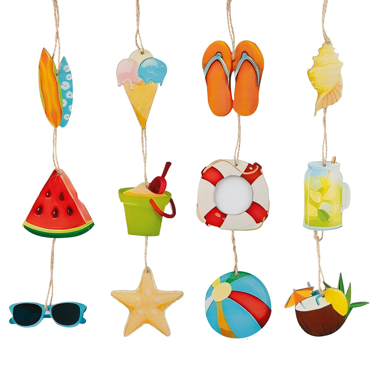 Bojueshaw 12pcs Summer Wooden Hanging Ornaments,Tropical Beach Theme Tree Decor with Strings for Hawaiian Luau Party