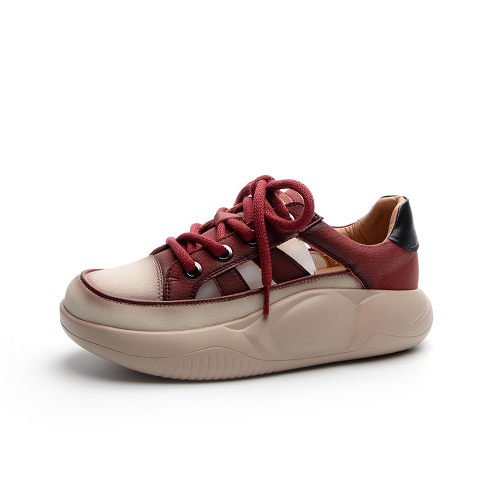 KCTRFSJ Women's Leather Hollow Casual Platform Sneakers,Fashion Lace-up Breathable Increasing Walking Shoes,Comfortable Low Top Non-Slip Running