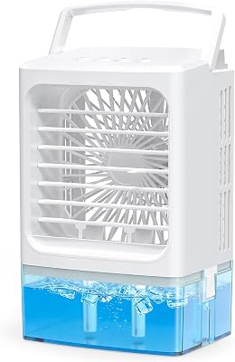 Mini Klimaanlage Ventilator 4-in-1, Lüfter, Luftkühler mit Befeuchter & LED Licht, 900ml Wassertank, 3 Geschwindigkeiten, 60° Verstellbar, USB 5V, Leise Mobiler Air Cooler für Büro Schlafzimmer Auto