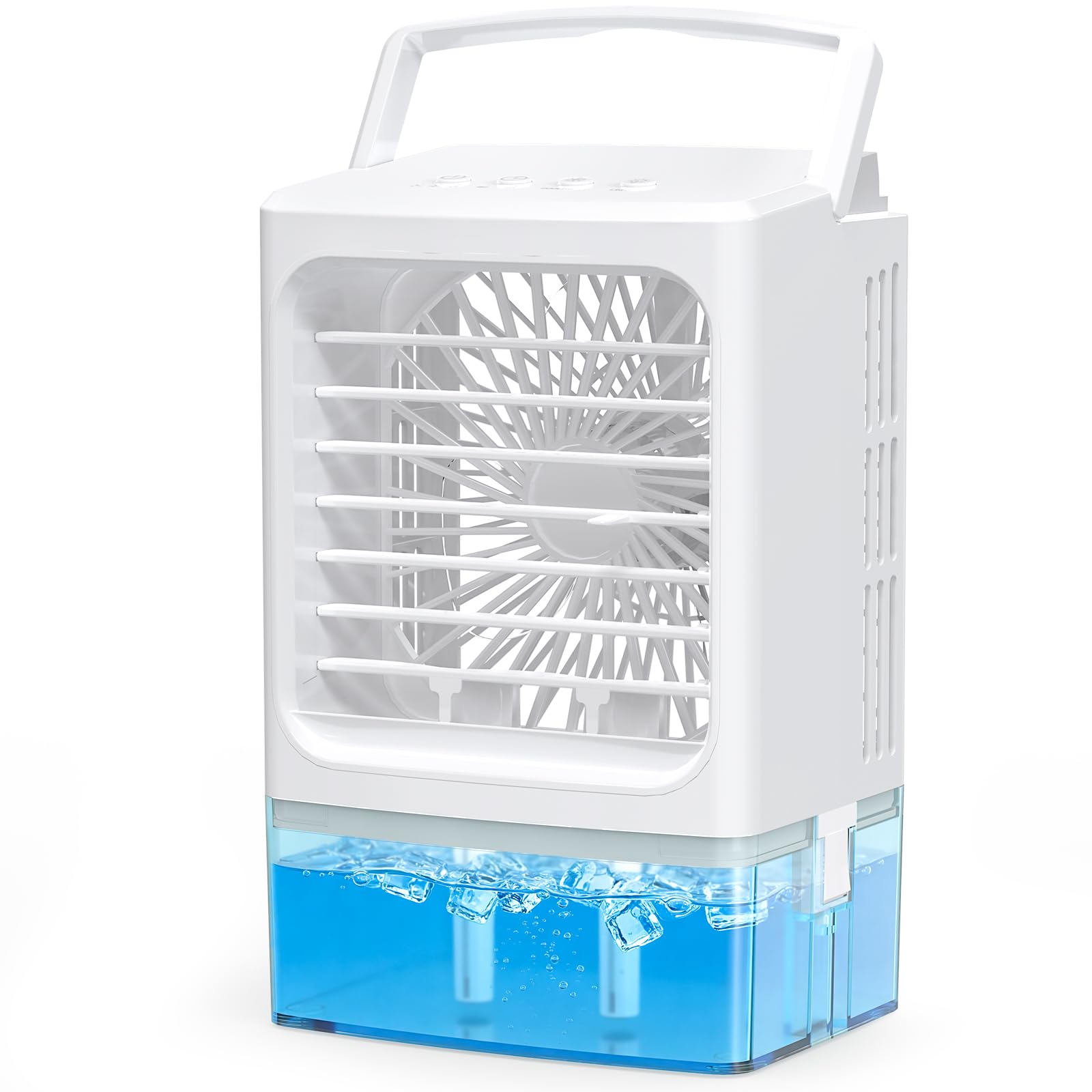 Mini Klimaanlage Ventilator 4-in-1, Lüfter, Luftkühler mit Befeuchter & LED Licht, 900ml Wassertank, 3 Geschwindigkeiten, 60° Verstellbar, USB 5V, Leise Mobiler Air Cooler für Büro Schlafzimmer Auto