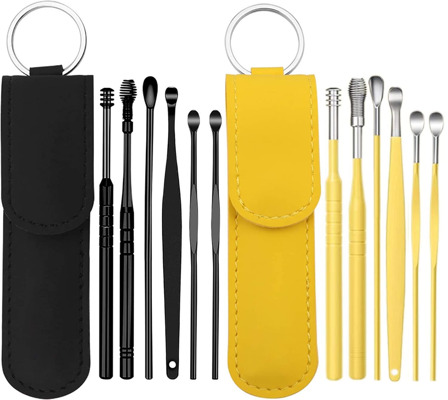 12-teiliges Ohrlöffel-Ohrenschmalz-Entfernungs-Set, Ohrreinigungswerkzeug, Edelstahl-Ohrenschmalz-Entfernungswerkzeug mit Leder-Aufbewahrungsbox (schwarz und gelb)