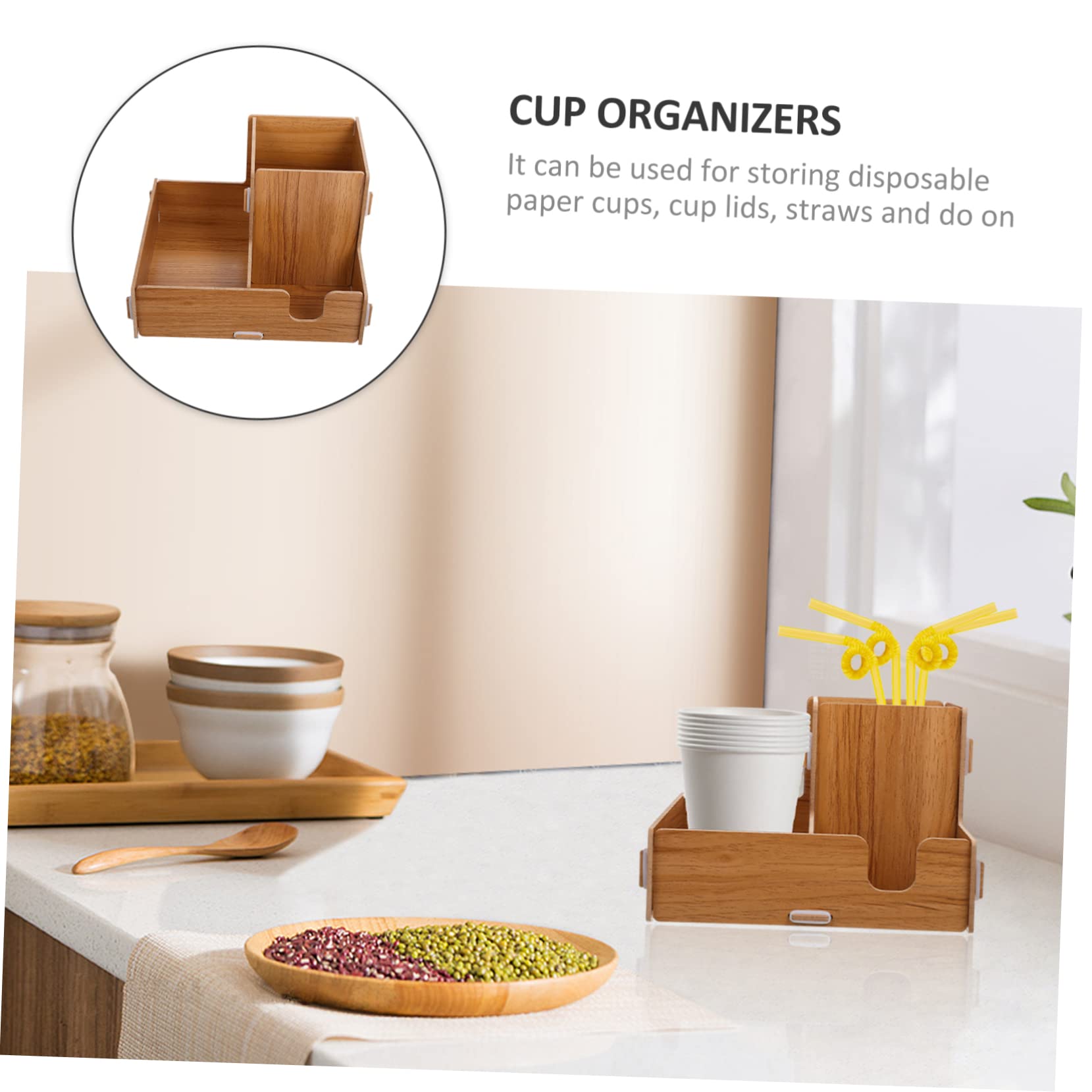 Porta Bicchieri Organizer da Tavolo in Legno Scomparti per Coperchi e Cannucce per Bicchieri di Carta USA e Getta per caffè e Ristoranti