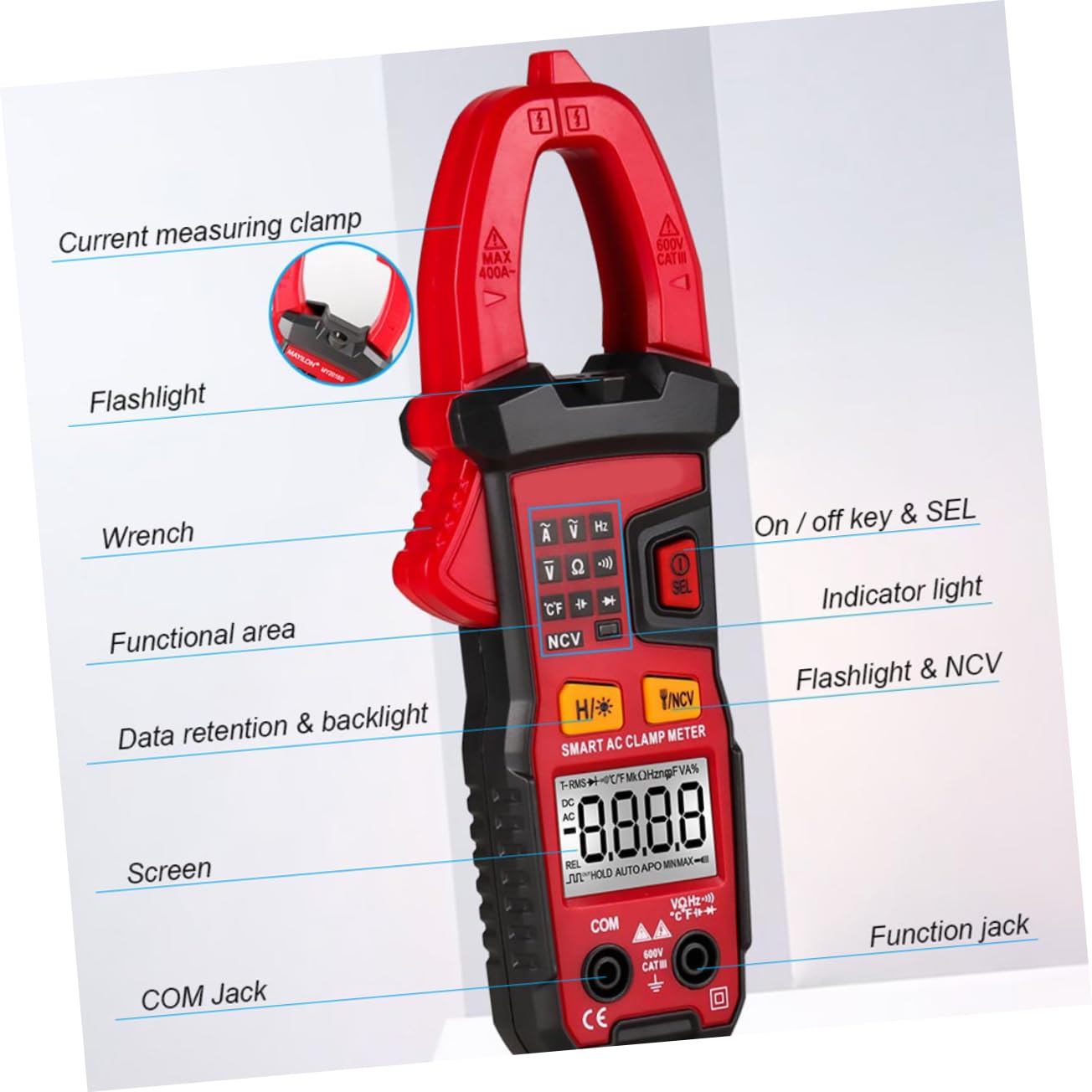 Uonlytech Multi Function Clamp Multimeter Auto Ranging Electrical Ammeter Voltage Tester with LCD Backlight Overload Protection Exterior for Ac Dc Measurement