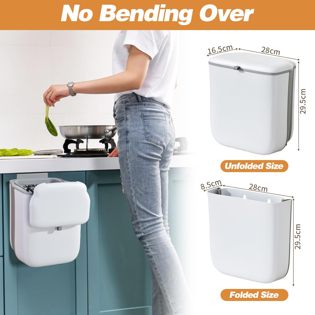 Poubelle Suspendue Cuisine 10L - Murale Pliable Sans Perçage, Couvercle Anti-odeurs