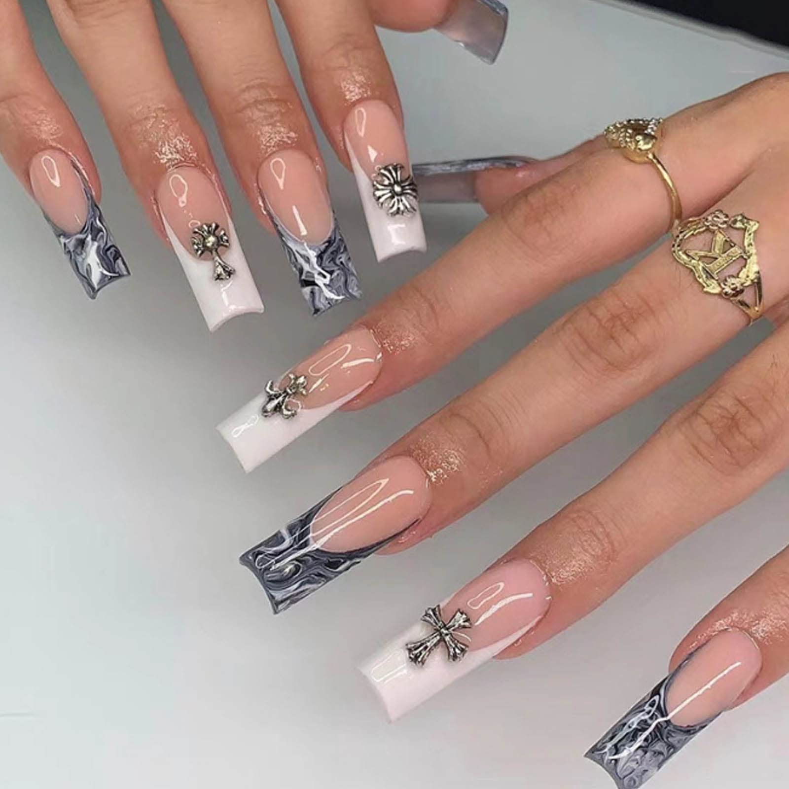 Hkanlre Press on Nails French Tips Long Nude Fake Coffin Cross Nails Full Cover Ballerina False Nails for Women and Girls 24PCS